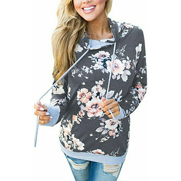 EllaB Sweaters - Floral Printed Drawstring Sweatshirt With Pocket